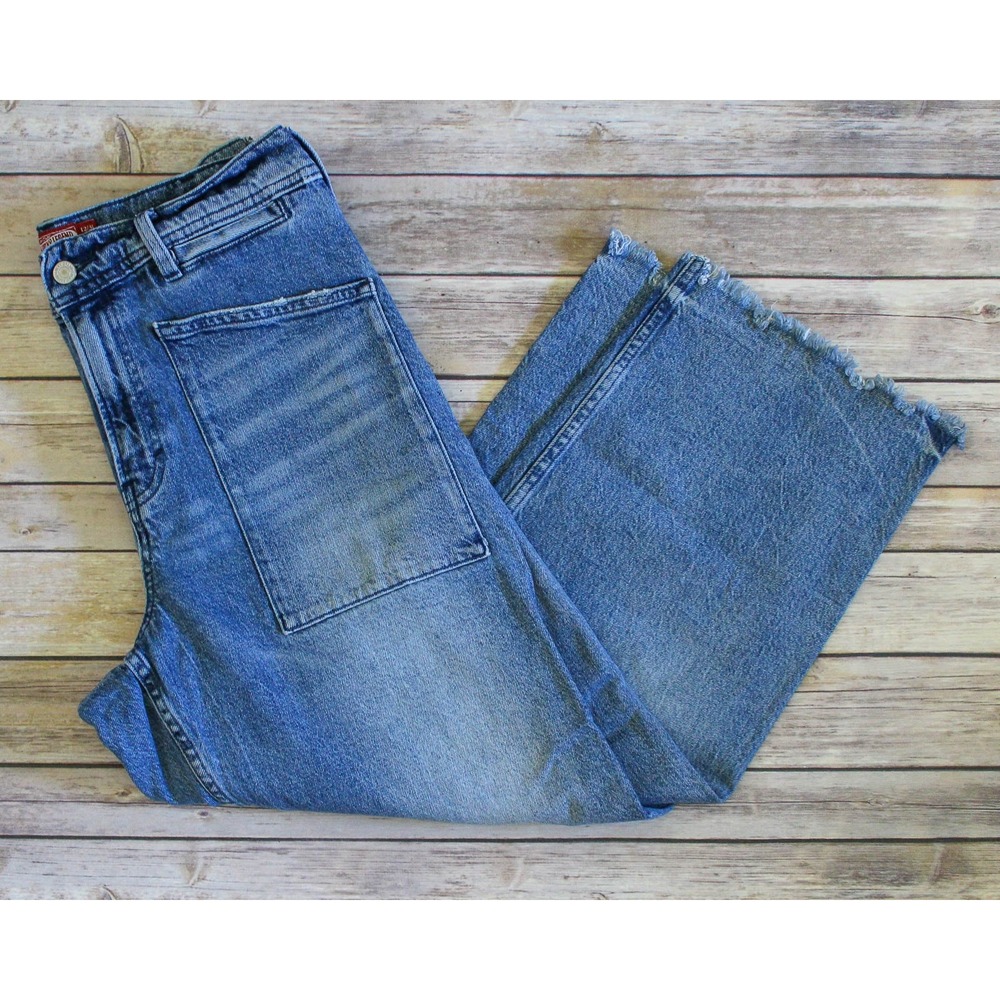 Lucky Brand Legend Jeans Womens 12 31 Blue Wide Leg Crop Raw Hem Patch Pockets